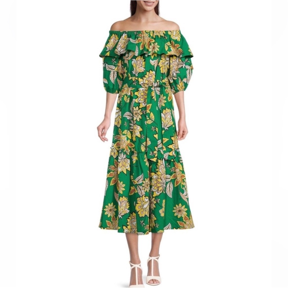 Gibson Latimer Green Floral Off-Shoulder Midi Dress Size M